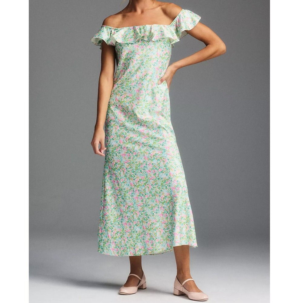 BHLDN Anthropologie Ava Off the Shoulder Ruffled Floral Midi Dress Size XL